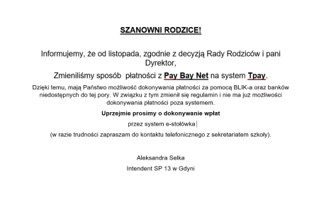 Elektroniczna płatność za obiady - zmiana w systemie