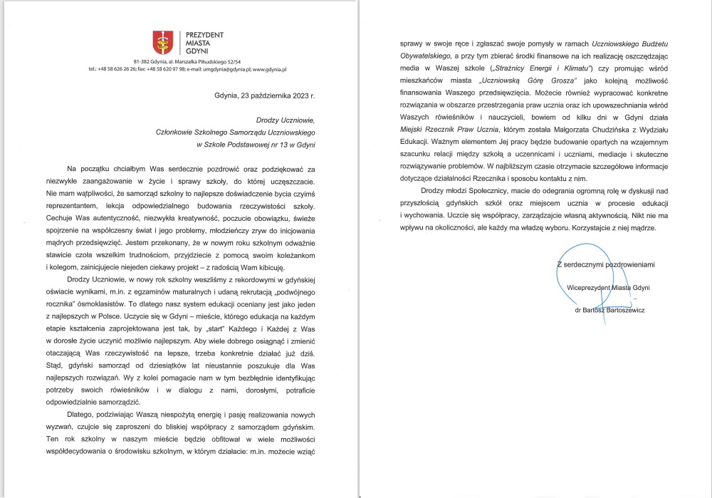 List Pana Wiceprezydenta B. Bartoszewicza do Samorządu Uczniowskiego